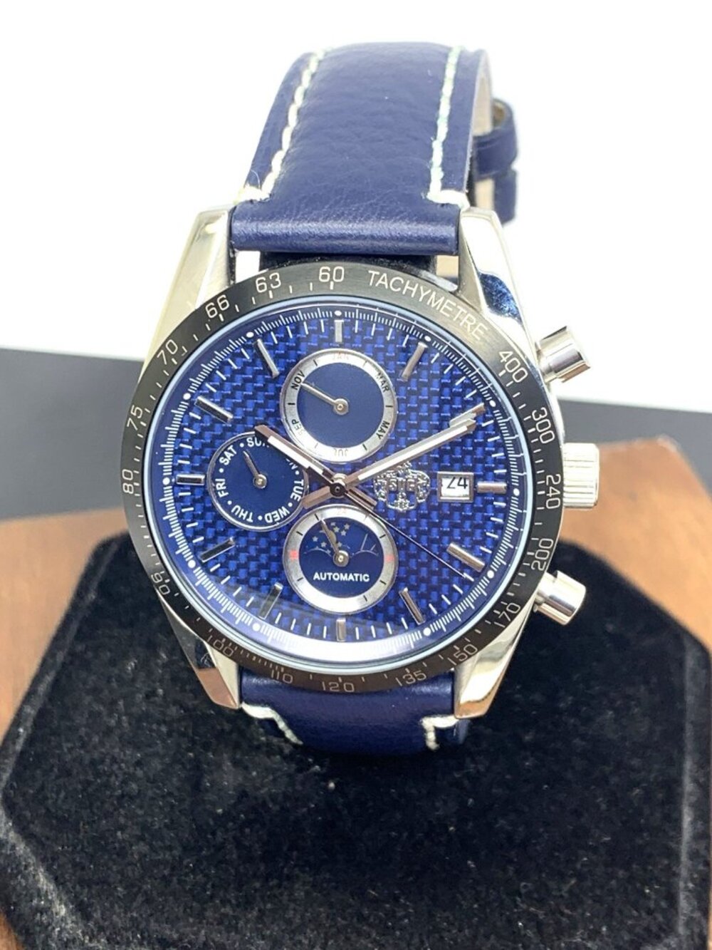 SUG Men's Watch Automatic Chronograph Blue Dial Day Night Leather Strap 40mm
